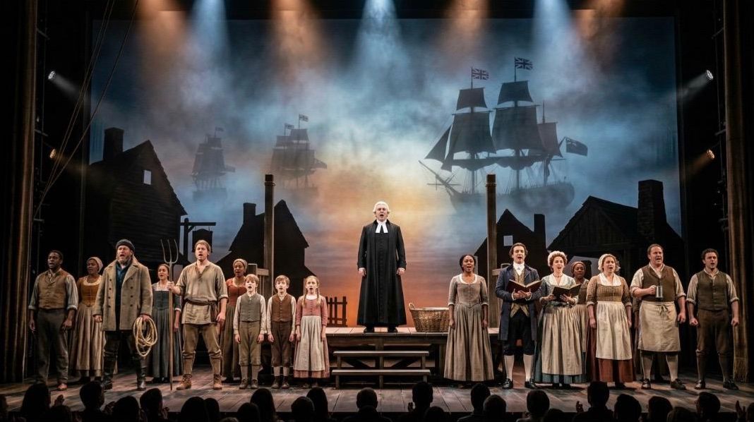 Full cast on stage with ships backdrop