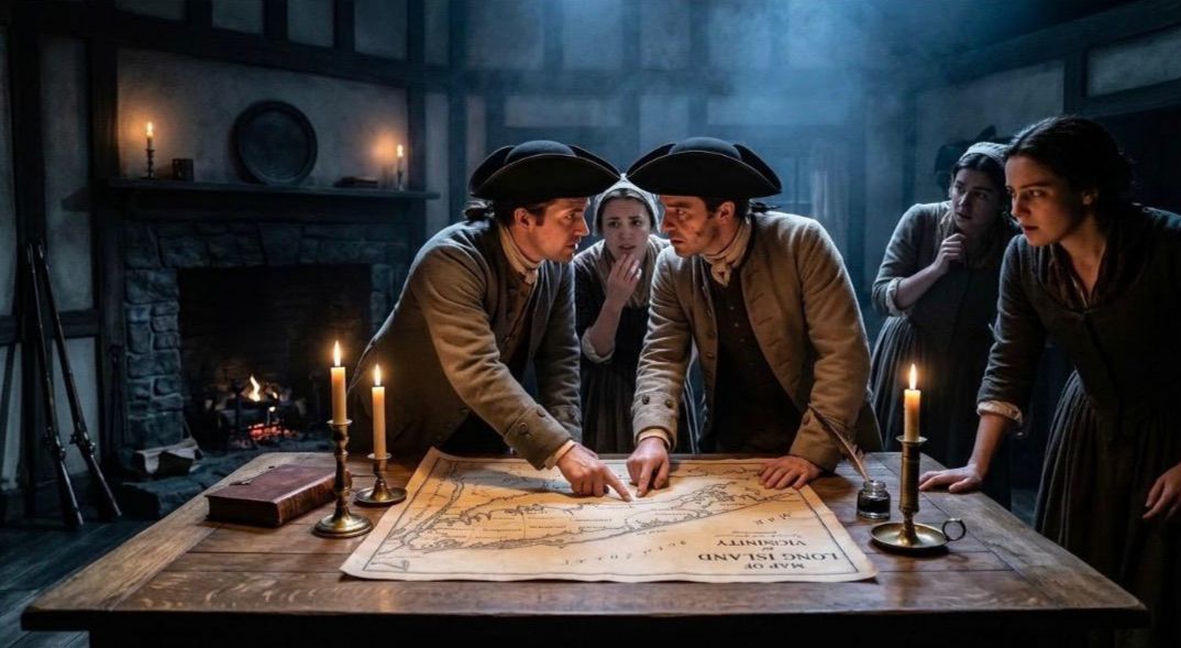Spies gathered around a candlelit map of Long Island, plotting in secret